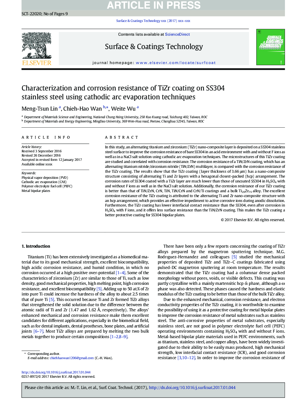 Characterization and corrosion resistance of TiZr coating on SS304 stainless steel using cathodic arc evaporation techniques