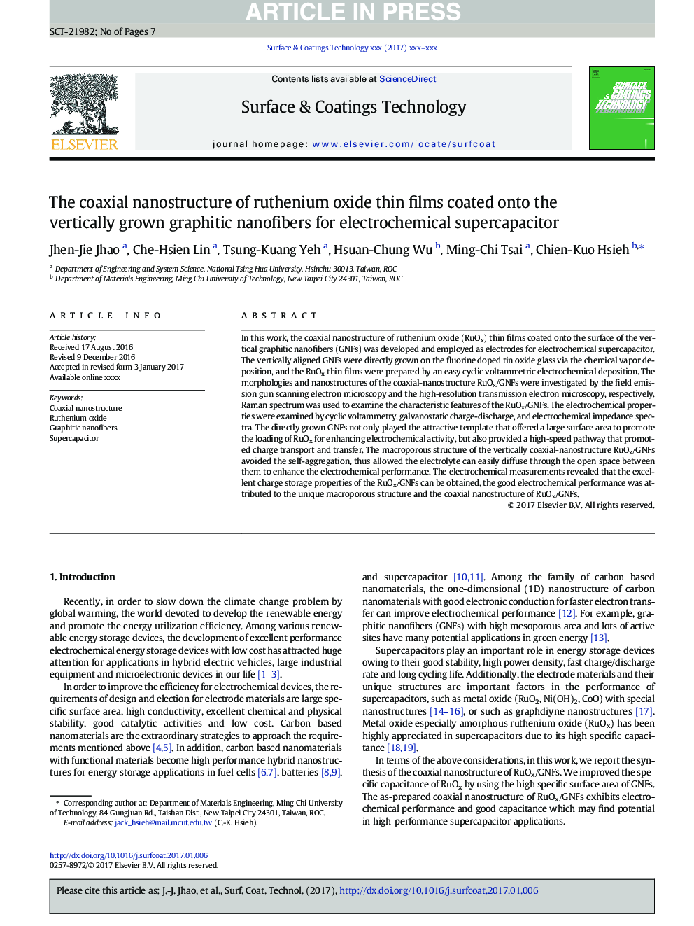 The coaxial nanostructure of ruthenium oxide thin films coated onto the vertically grown graphitic nanofibers for electrochemical supercapacitor