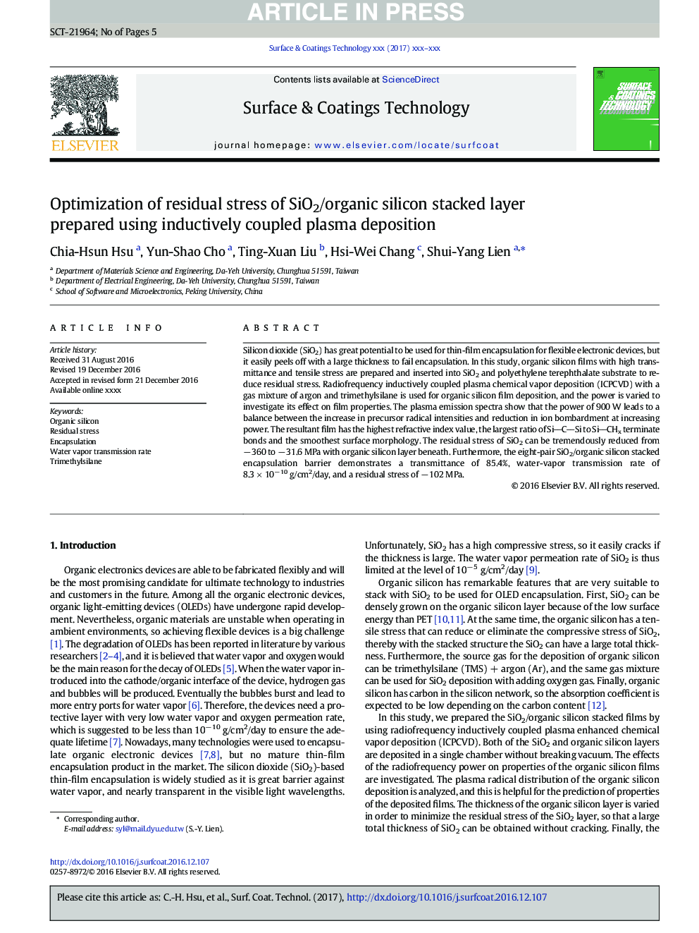 Optimization of residual stress of SiO2/organic silicon stacked layer prepared using inductively coupled plasma deposition