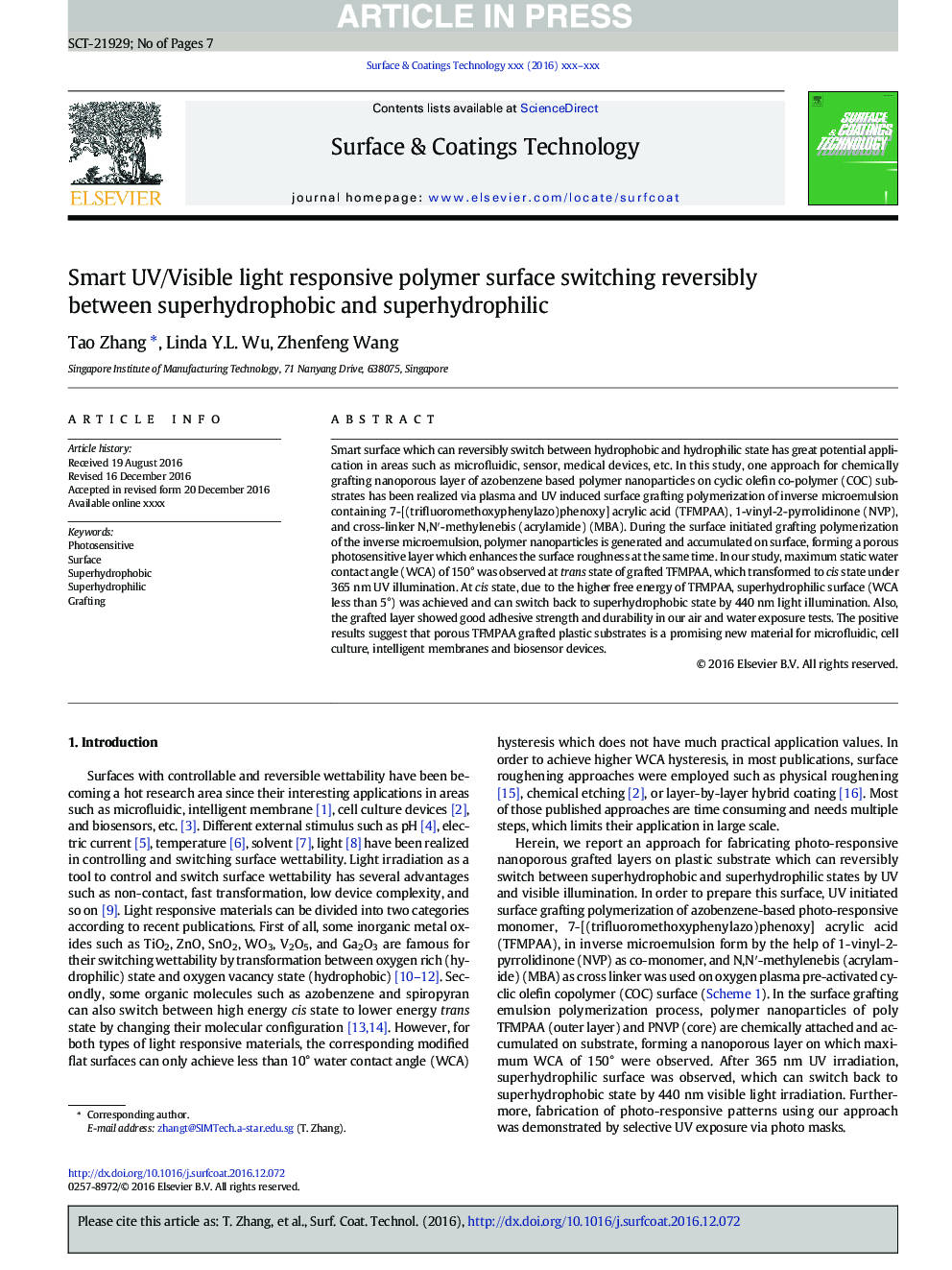 عکس صفحه اول مقاله: Smart UV/Visible light responsive polymer surface switching reversibly between superhydrophobic and superhydrophilic Smart UV/Visible light responsive polymer surface switching reversibly between superhydrophobic and superhydrophilic