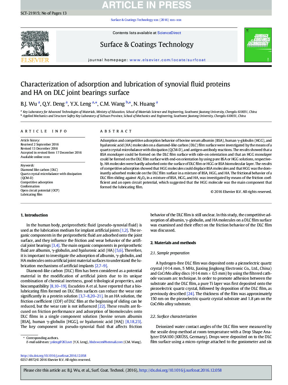 Characterization of adsorption and lubrication of synovial fluid proteins and HA on DLC joint bearings surface