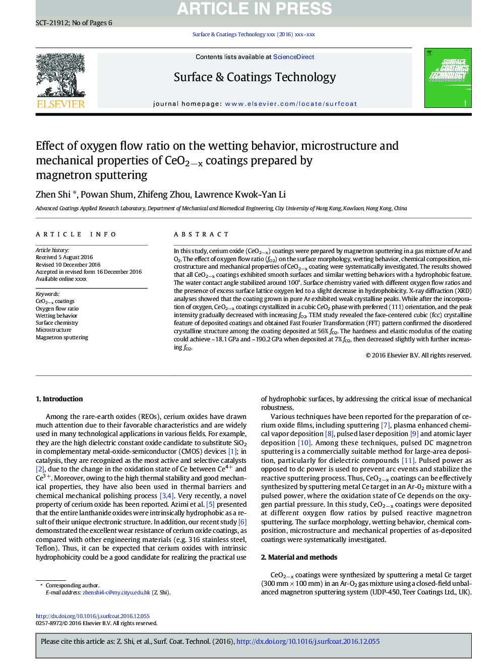 Effect of oxygen flow ratio on the wetting behavior, microstructure and mechanical properties of CeO2âx coatings prepared by magnetron sputtering