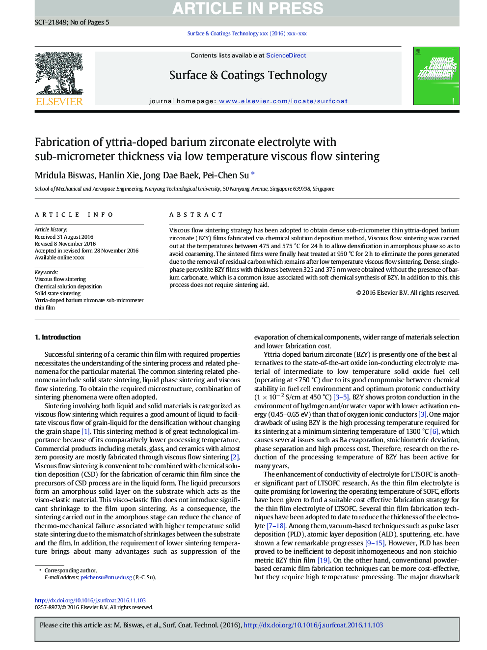 Fabrication of yttria-doped barium zirconate electrolyte with sub-micrometer thickness via low temperature viscous flow sintering