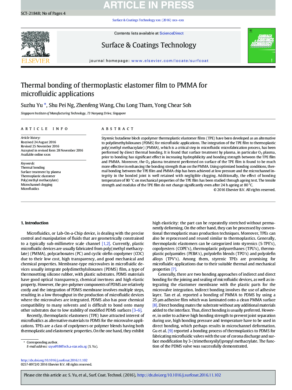 Thermal bonding of thermoplastic elastomer film to PMMA for microfluidic applications