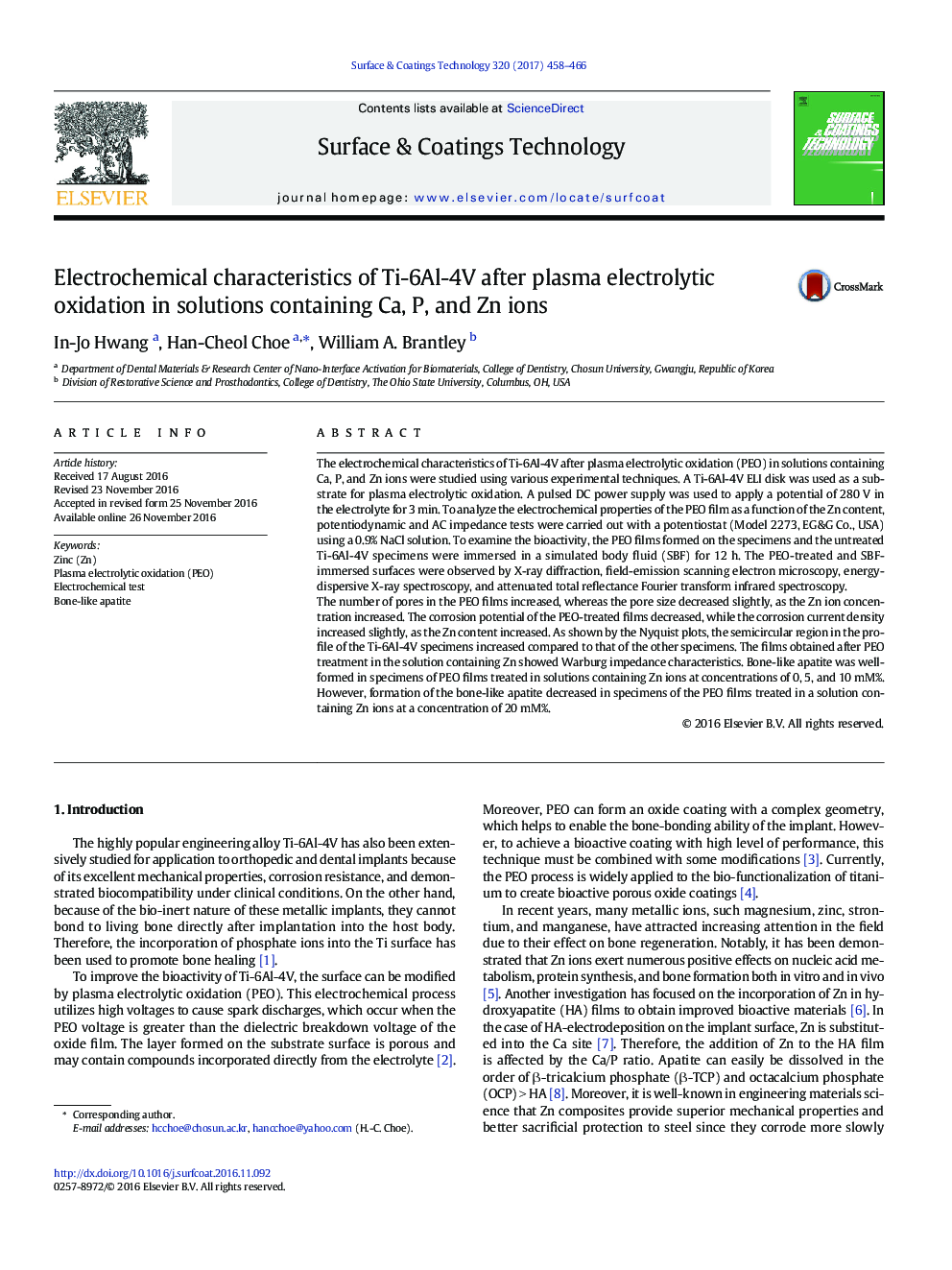 Electrochemical characteristics of Ti-6Al-4V after plasma electrolytic oxidation in solutions containing Ca, P, and Zn ions