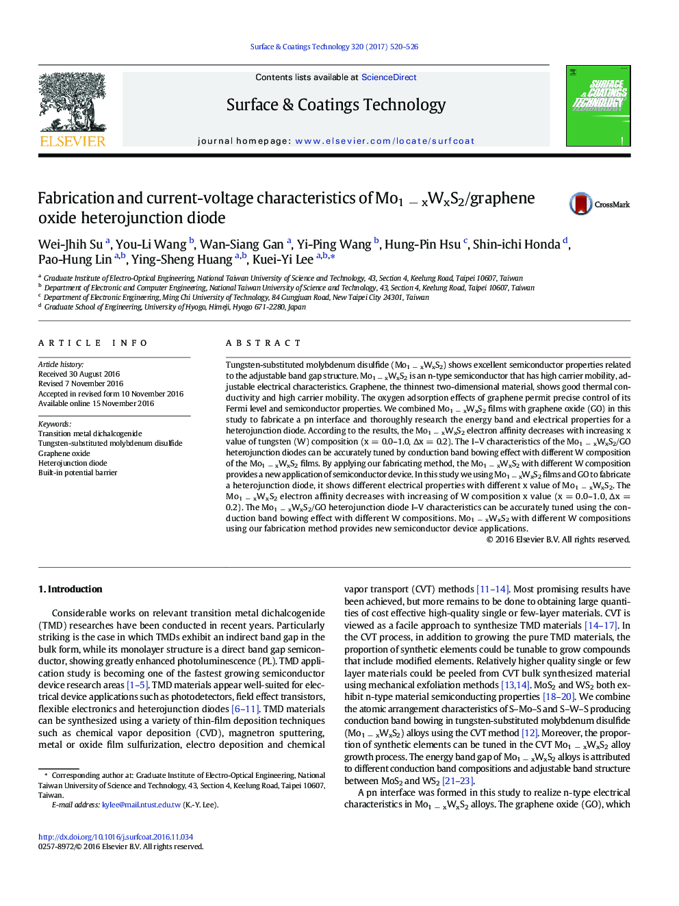 Fabrication and current-voltage characteristics of Mo1Â âÂ xWxS2/graphene oxide heterojunction diode