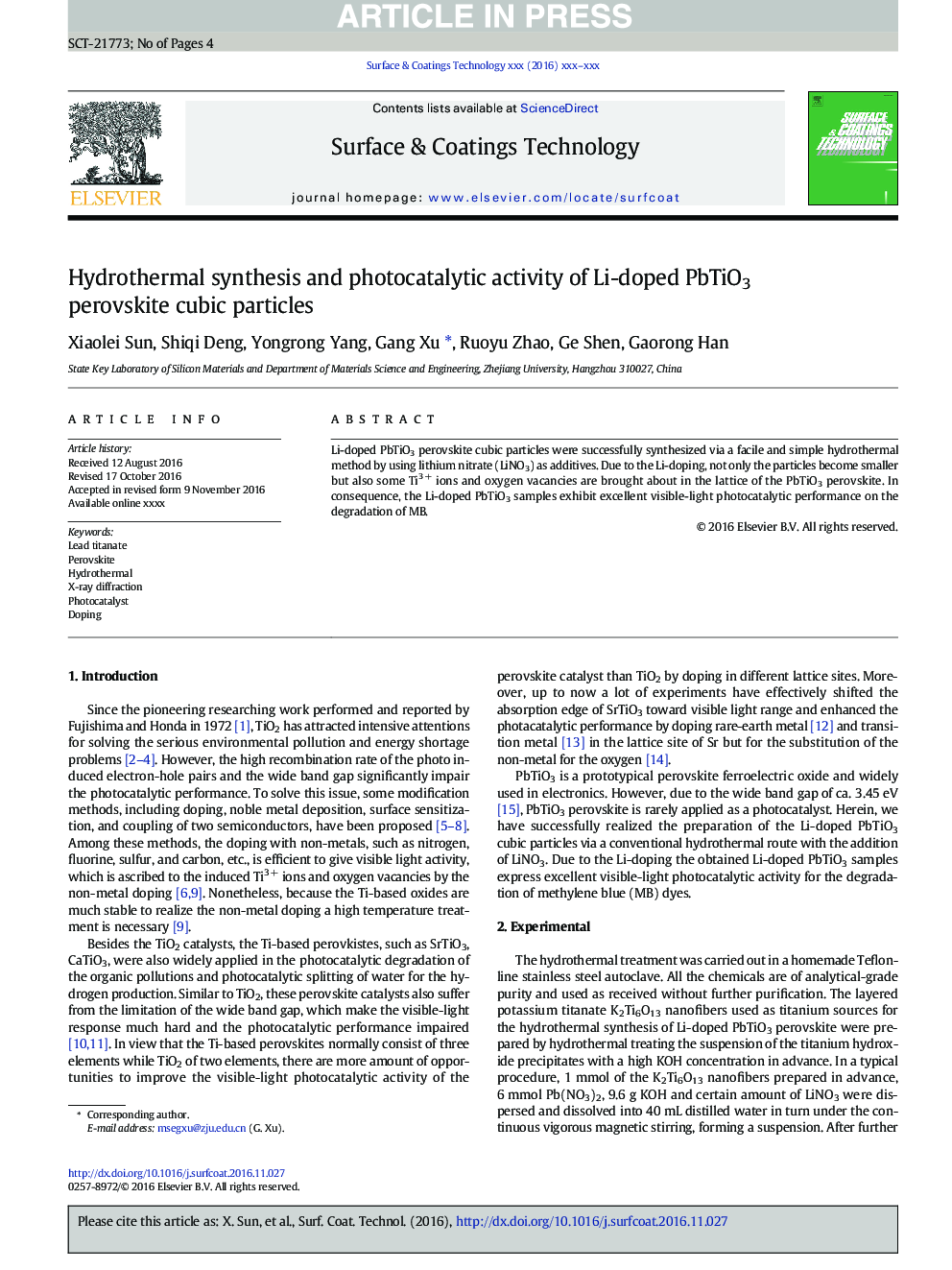 Hydrothermal synthesis and photocatalytic activity of Li-doped PbTiO3 perovskite cubic particles