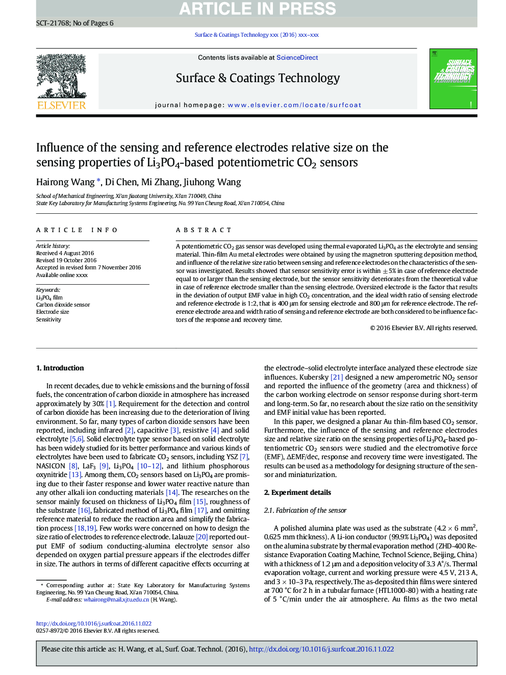 Influence of the sensing and reference electrodes relative size on the sensing properties of Li3PO4-based potentiometric CO2 sensors