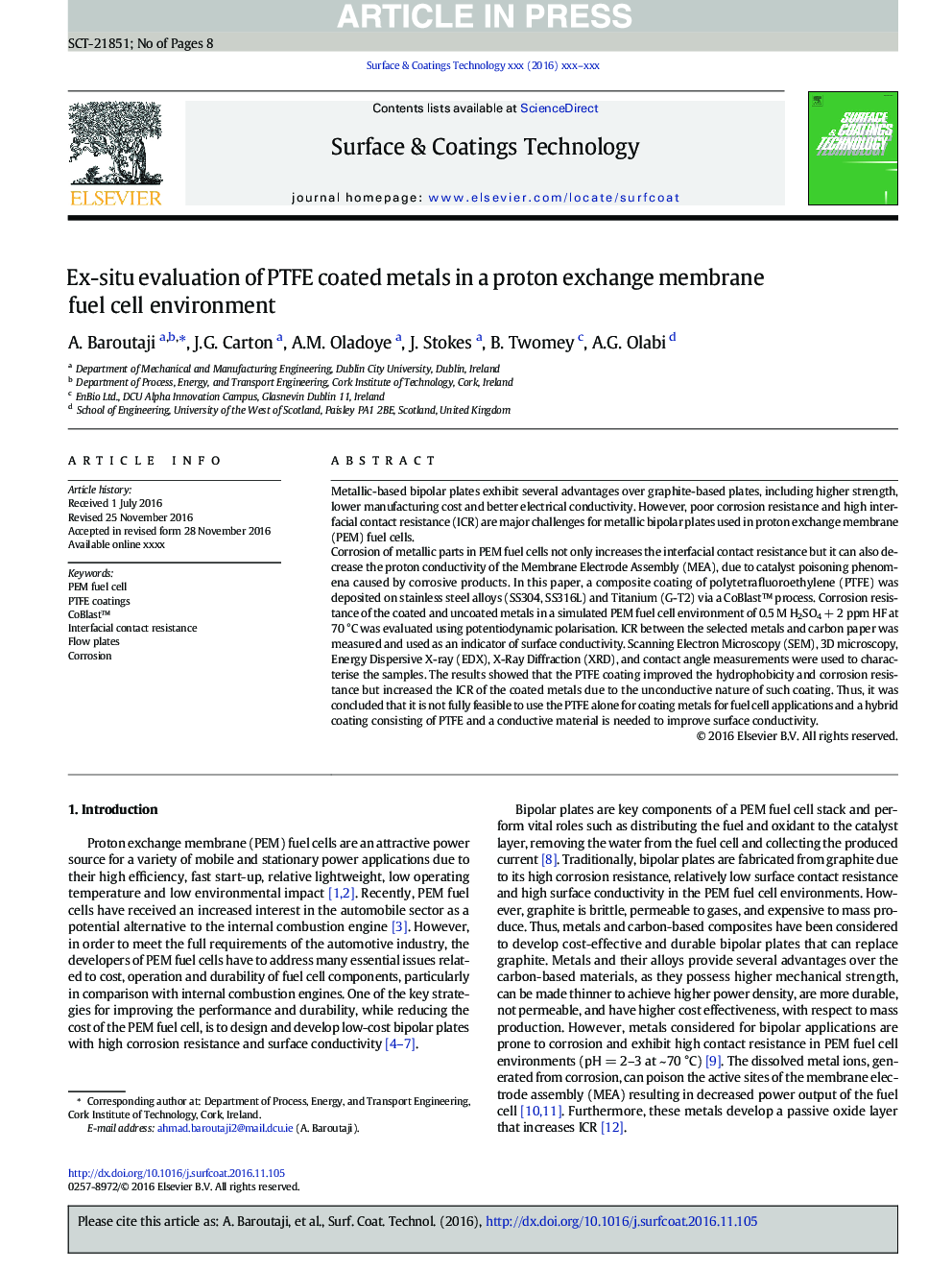 Ex-situ evaluation of PTFE coated metals in a proton exchange membrane fuel cell environment