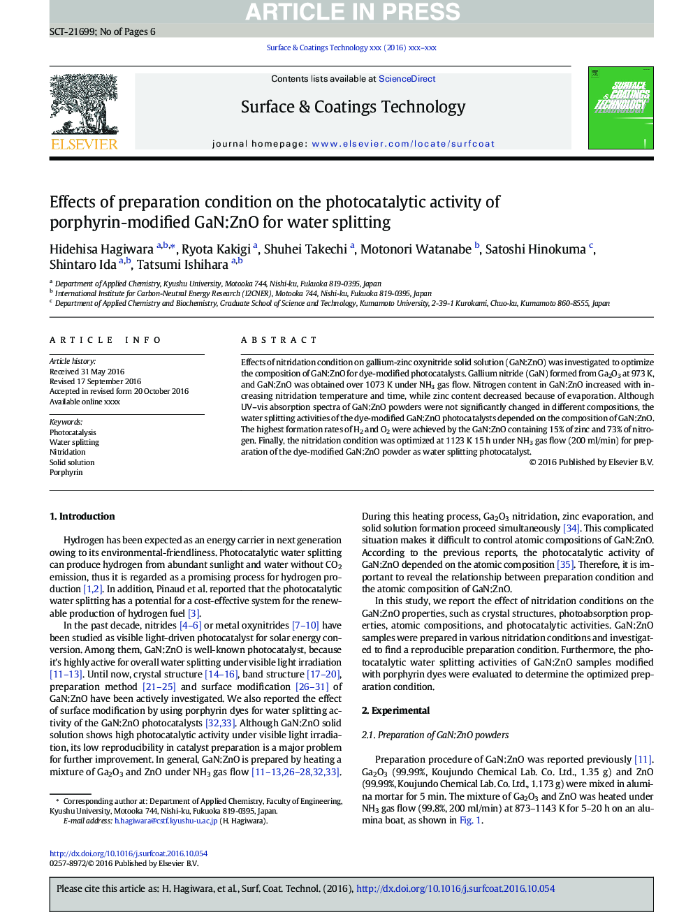 Effects of preparation condition on the photocatalytic activity of porphyrin-modified GaN:ZnO for water splitting