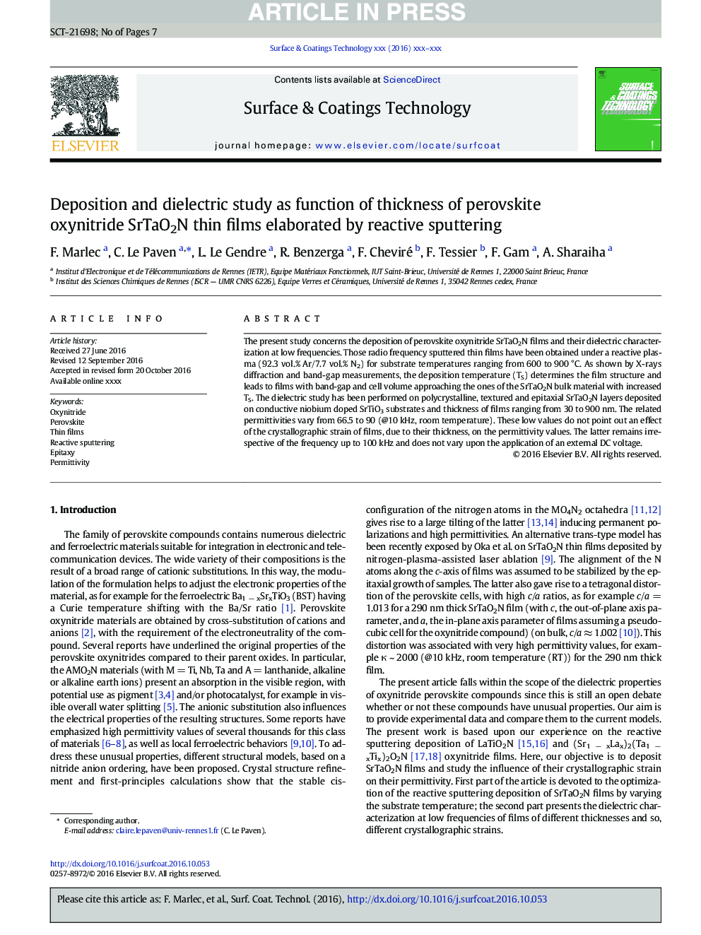 Deposition and dielectric study as function of thickness of perovskite oxynitride SrTaO2N thin films elaborated by reactive sputtering