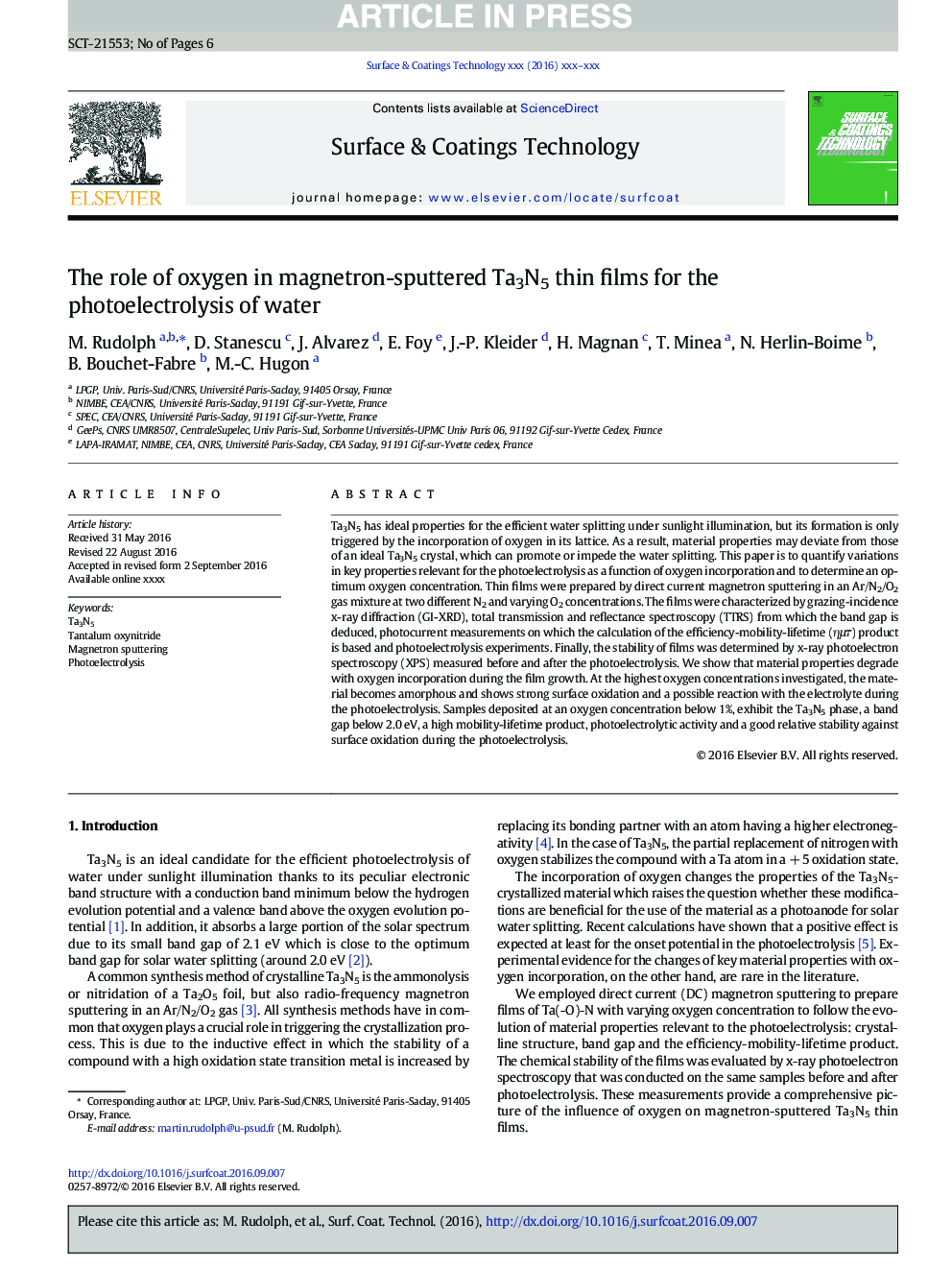 The role of oxygen in magnetron-sputtered Ta3N5 thin films for the photoelectrolysis of water