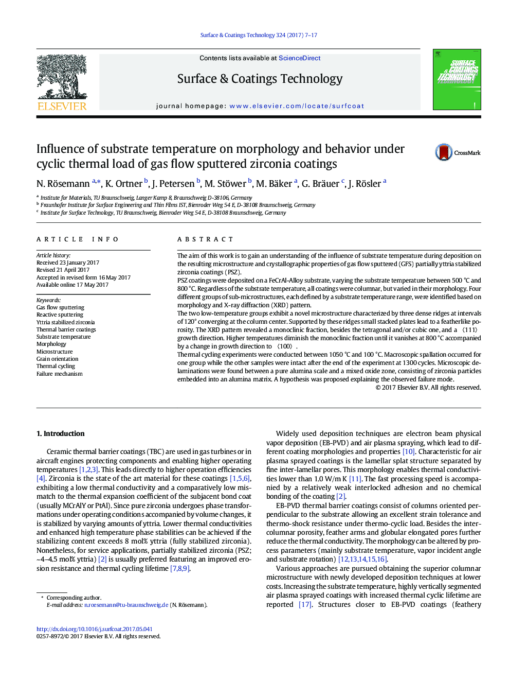 Influence of substrate temperature on morphology and behavior under cyclic thermal load of gas flow sputtered zirconia coatings