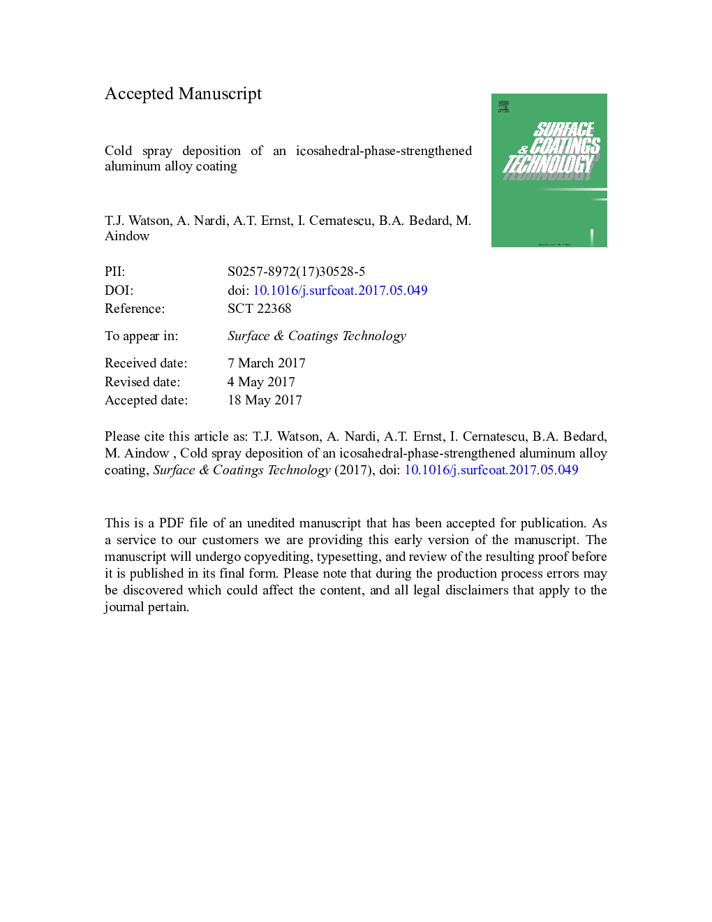 Cold spray deposition of an icosahedral-phase-strengthened aluminum alloy coating