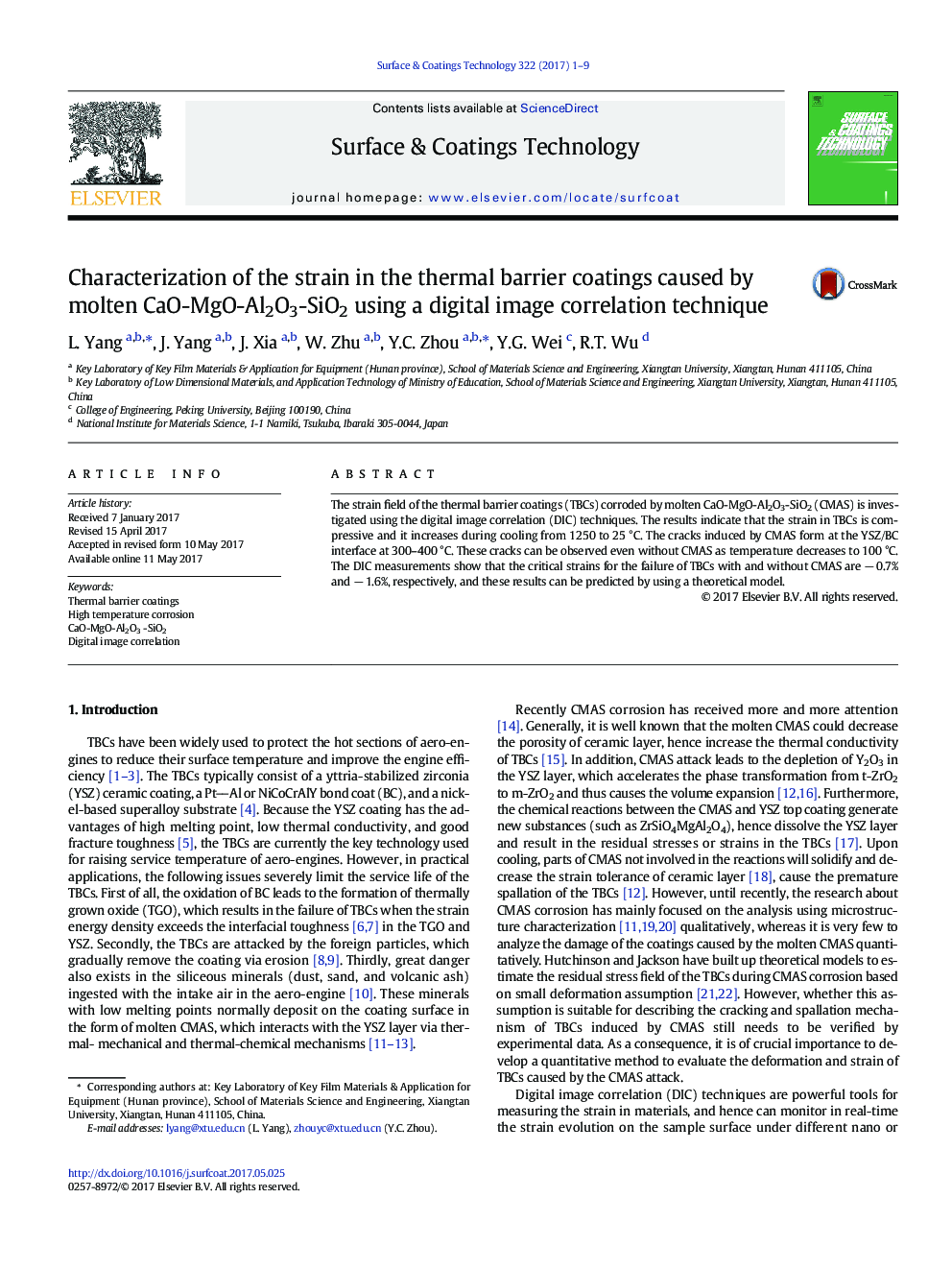 Characterization of the strain in the thermal barrier coatings caused by molten CaO-MgO-Al2O3-SiO2 using a digital image correlation technique