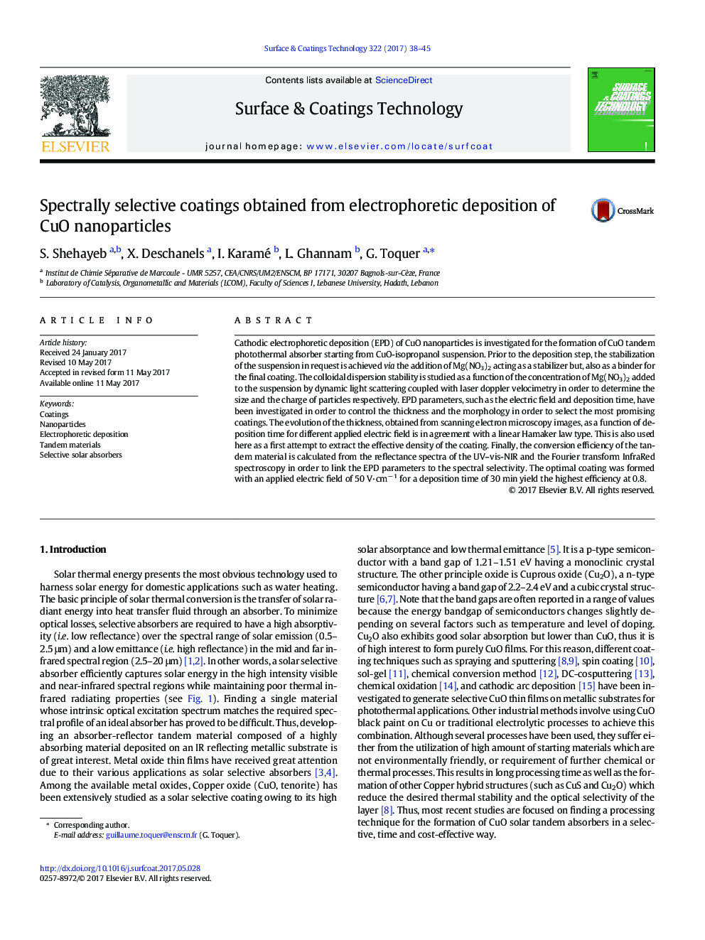 Spectrally selective coatings obtained from electrophoretic deposition of CuO nanoparticles