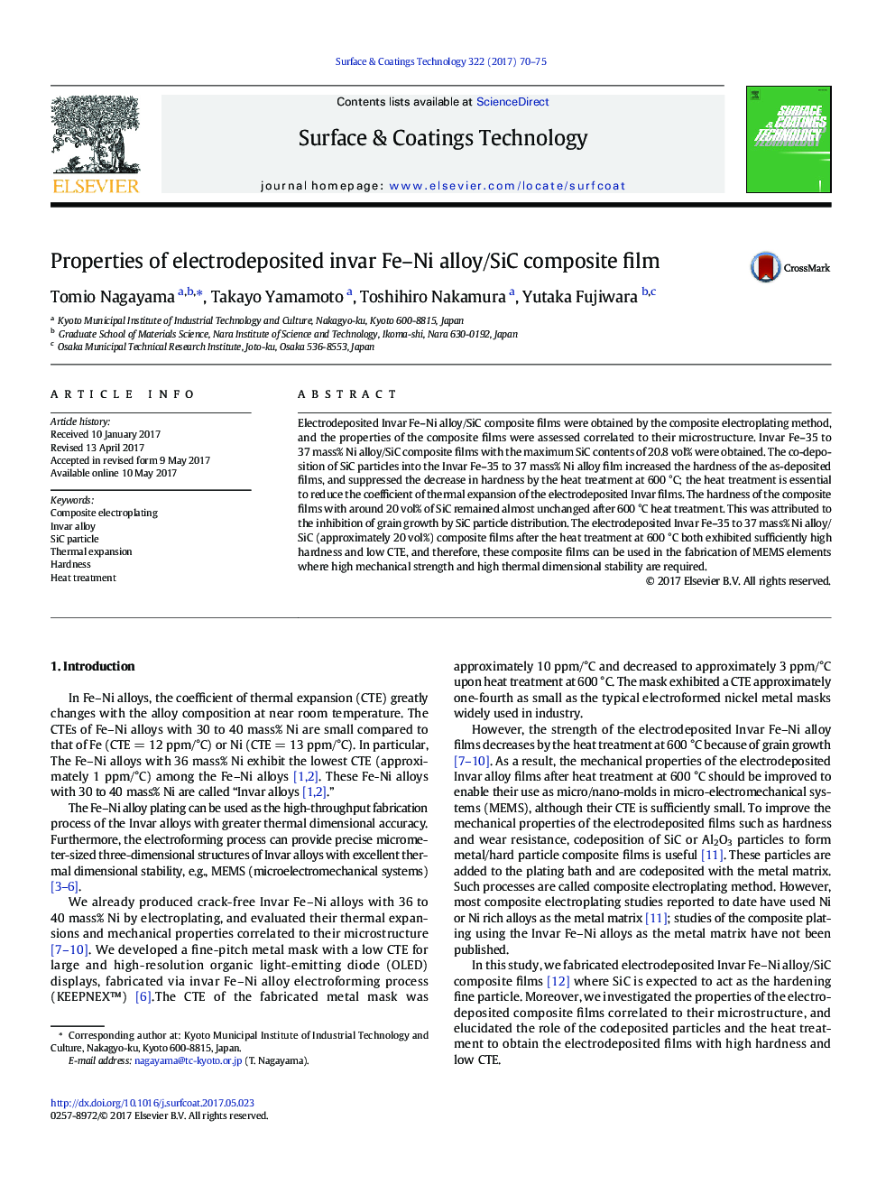 Properties of electrodeposited invar Fe-Ni alloy/SiC composite film