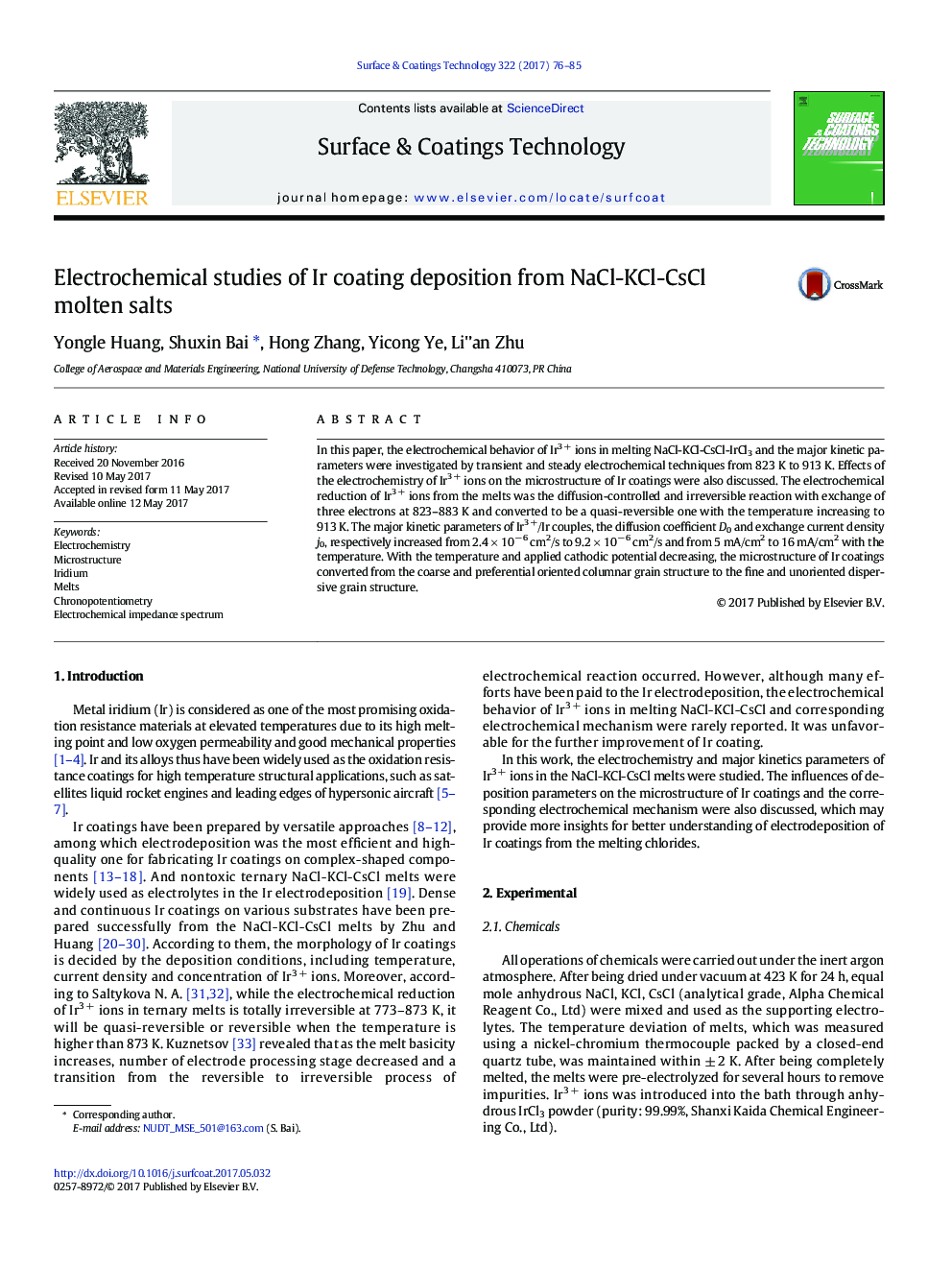 Electrochemical studies of Ir coating deposition from NaCl-KCl-CsCl molten salts