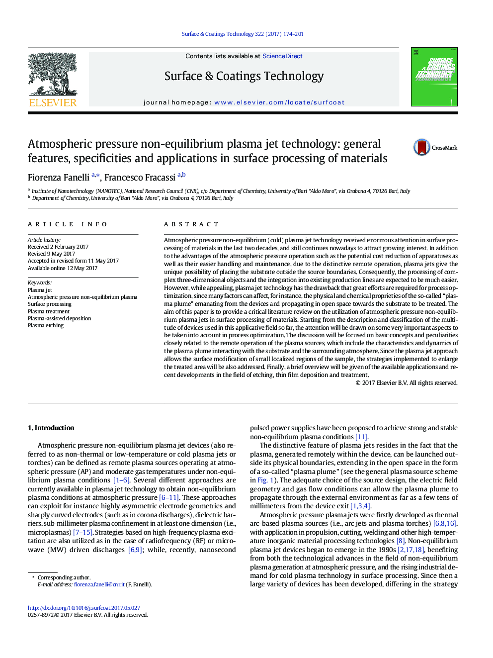 Atmospheric pressure non-equilibrium plasma jet technology: general features, specificities and applications in surface processing of materials