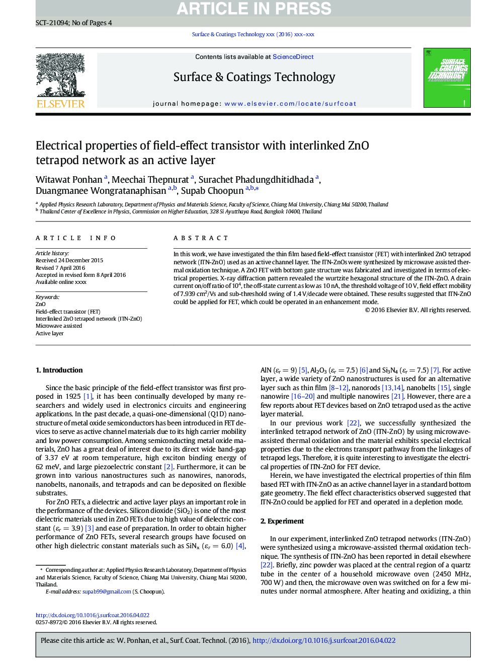 Electrical properties of field-effect transistor with interlinked ZnO tetrapod network as an active layer