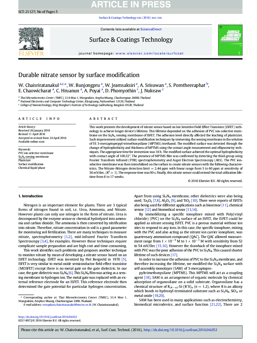 Durable nitrate sensor by surface modification