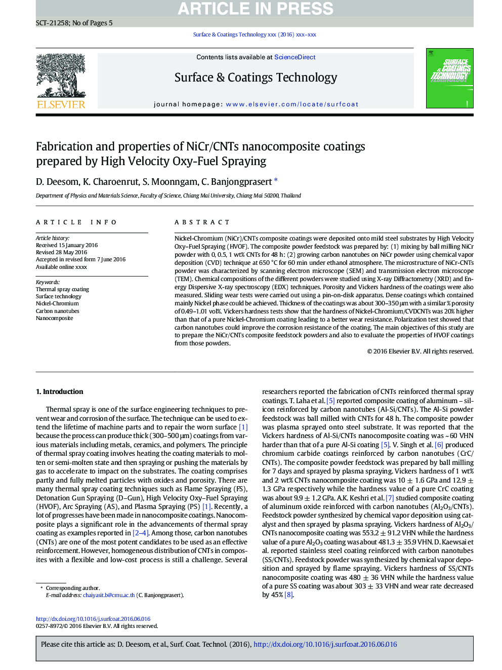 Fabrication and properties of NiCr/CNTs nanocomposite coatings prepared by High Velocity Oxy-Fuel Spraying