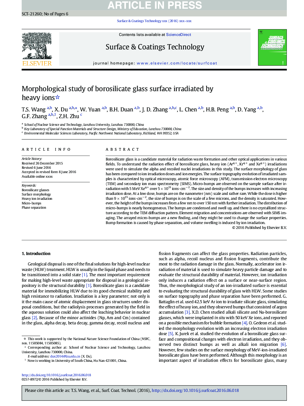 Morphological study of borosilicate glass surface irradiated by heavy ions