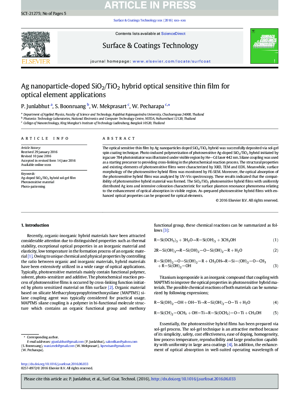 Ag nanoparticle-doped SiO2/TiO2 hybrid optical sensitive thin film for optical element applications