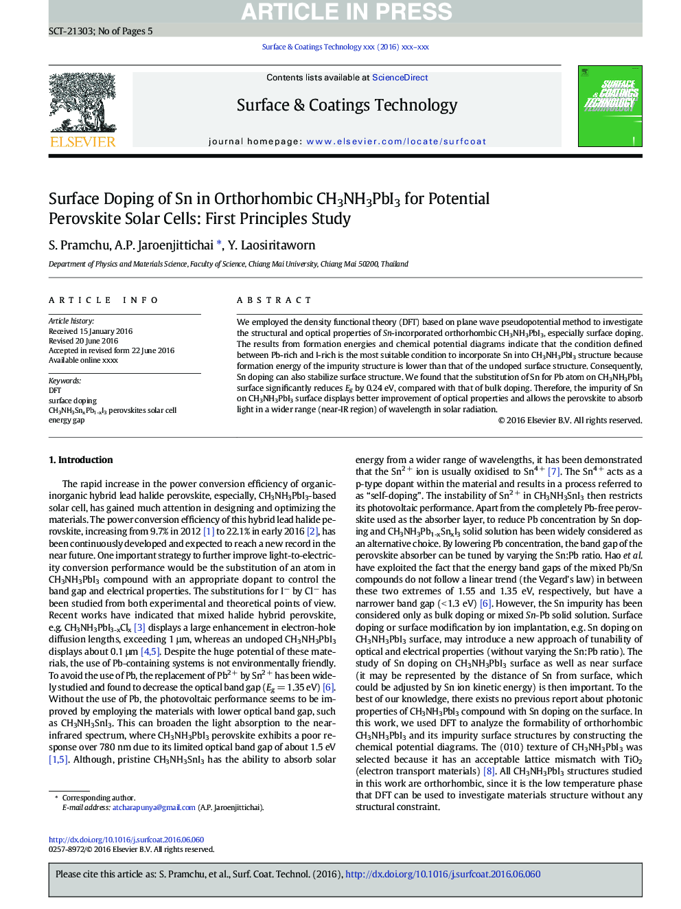 Surface Doping of Sn in Orthorhombic CH3NH3PbI3 for Potential Perovskite Solar Cells: First Principles Study