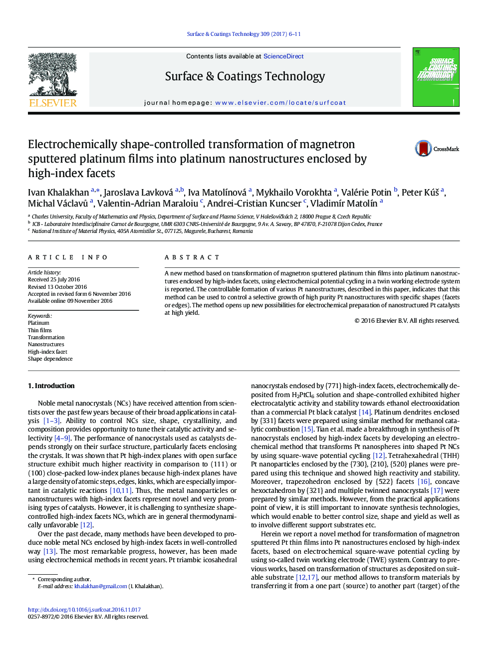 Electrochemically shape-controlled transformation of magnetron sputtered platinum films into platinum nanostructures enclosed by high-index facets