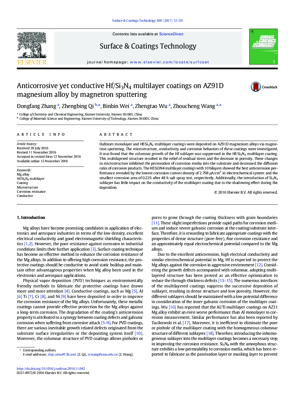 Anticorrosive yet conductive Hf/Si3N4 multilayer coatings on AZ91D magnesium alloy by magnetron sputtering