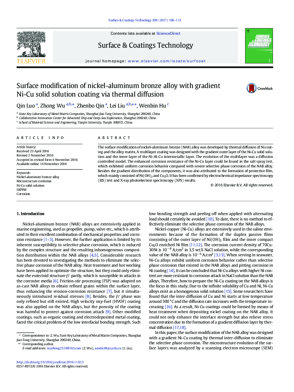 Surface modification of nickel-aluminum bronze alloy with gradient Ni-Cu solid solution coating via thermal diffusion