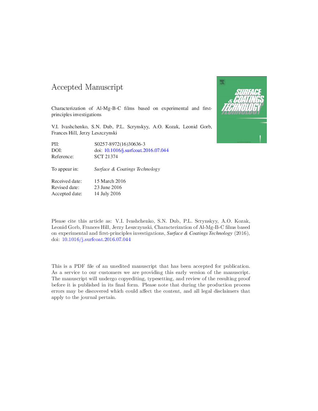 Characterization of Al-Mg-B-C films based on experimental and first-principles investigations