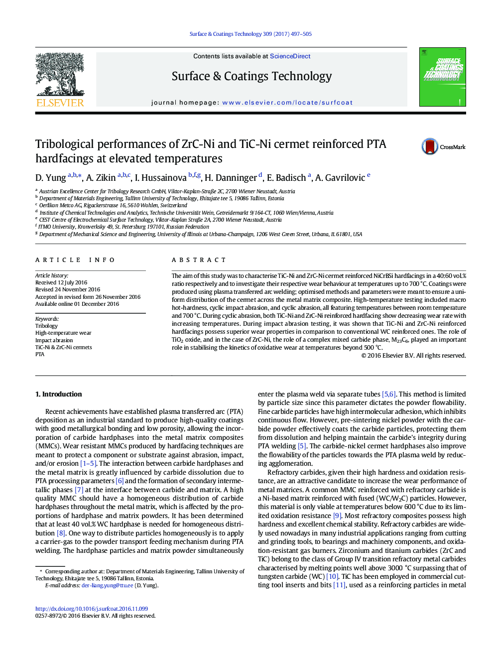 Tribological performances of ZrC-Ni and TiC-Ni cermet reinforced PTA hardfacings at elevated temperatures