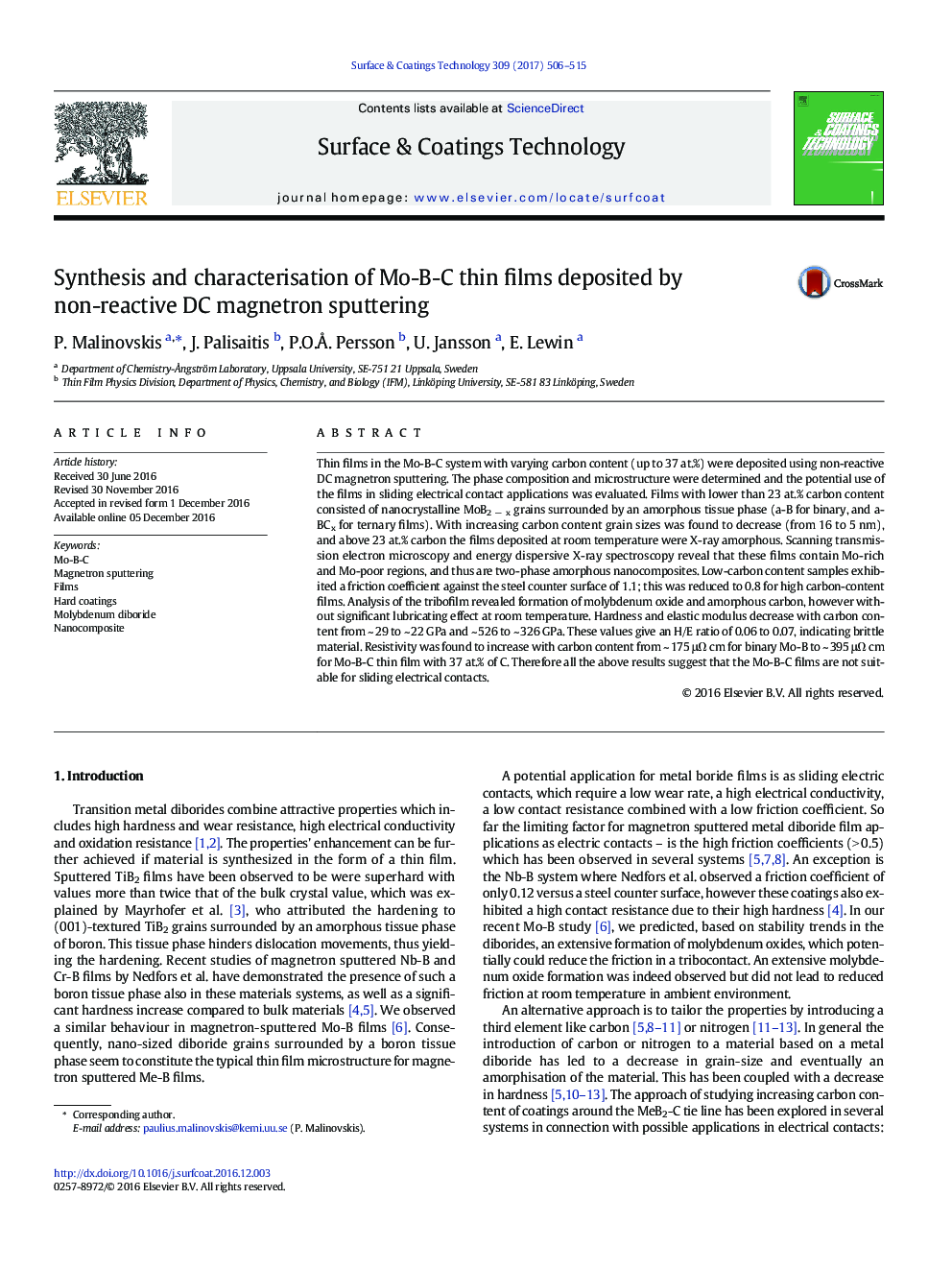 Synthesis and characterisation of Mo-B-C thin films deposited by non-reactive DC magnetron sputtering