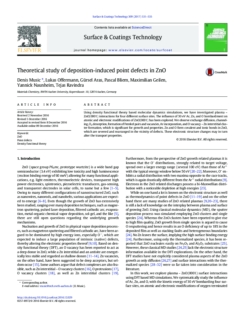 Theoretical study of deposition-induced point defects in ZnO