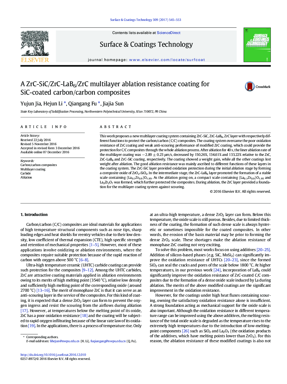 A ZrC-SiC/ZrC-LaB6/ZrC multilayer ablation resistance coating for SiC-coated carbon/carbon composites