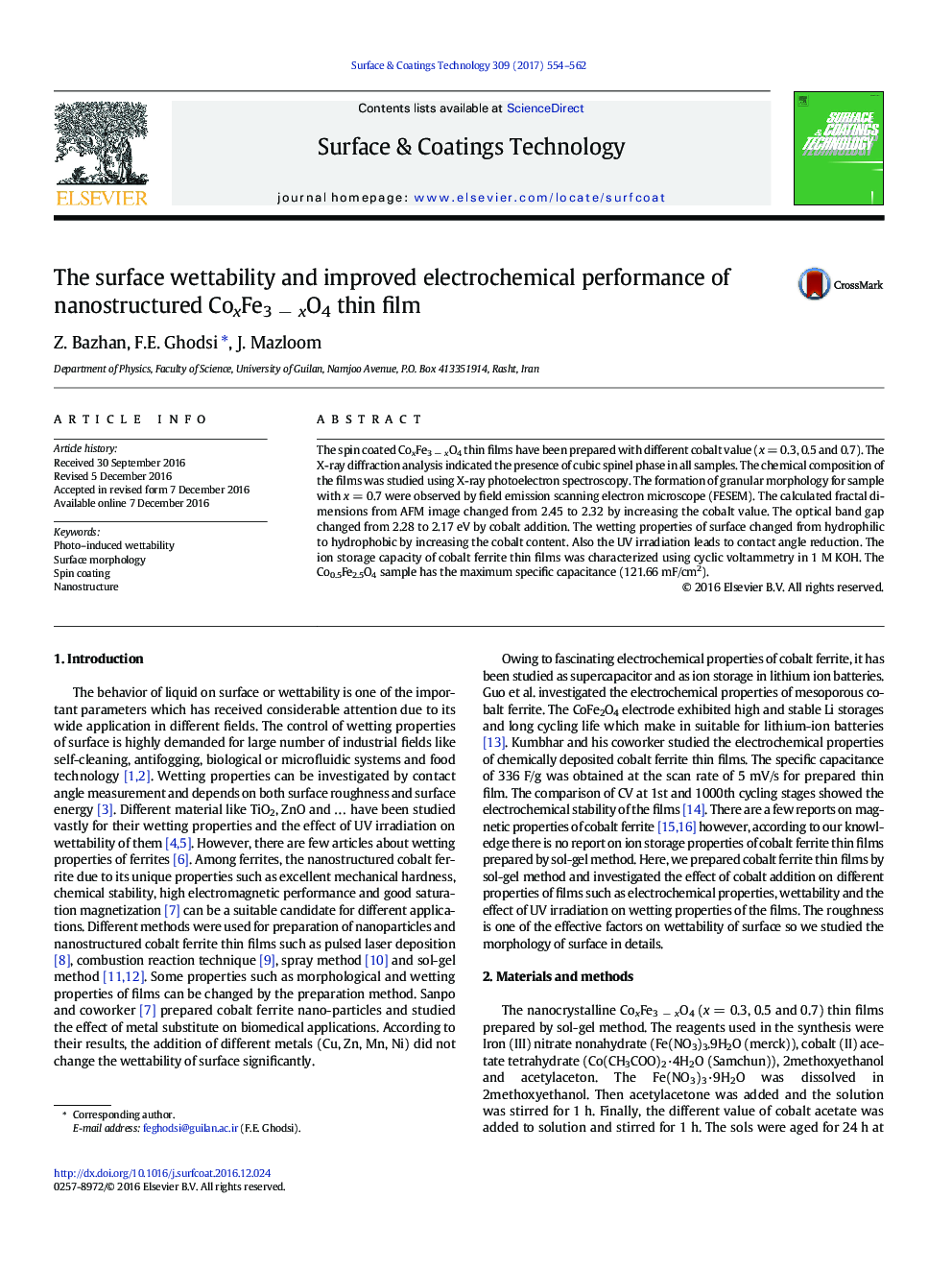 The surface wettability and improved electrochemical performance of nanostructured CoxFe3Â âÂ xO4 thin film