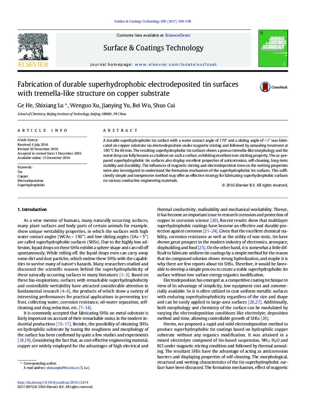 Fabrication of durable superhydrophobic electrodeposited tin surfaces with tremella-like structure on copper substrate