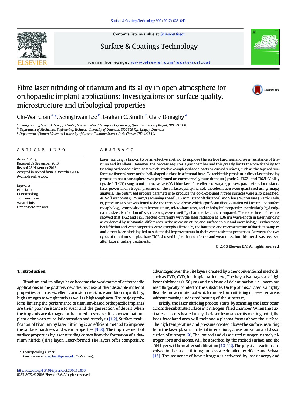 Fibre laser nitriding of titanium and its alloy in open atmosphere for orthopaedic implant applications: Investigations on surface quality, microstructure and tribological properties