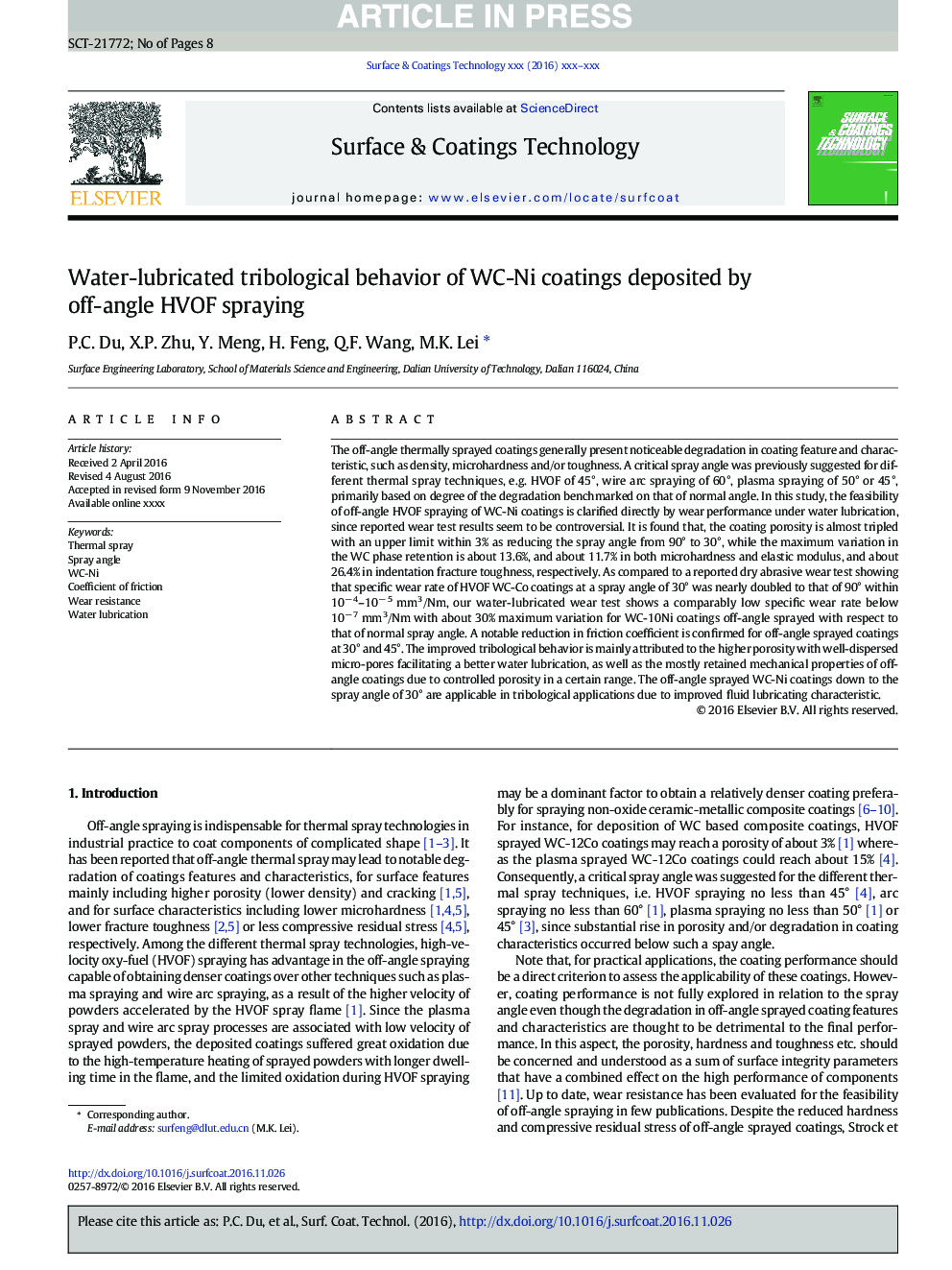 Water-lubricated tribological behavior of WC-Ni coatings deposited by off-angle HVOF spraying