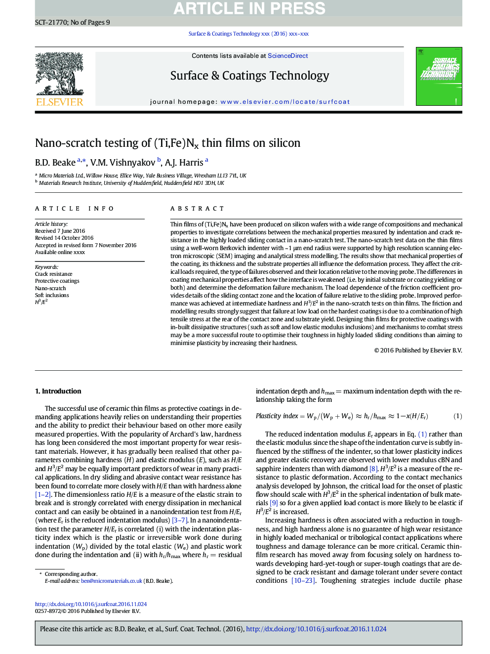 Nano-scratch testing of (Ti,Fe)Nx thin films on silicon