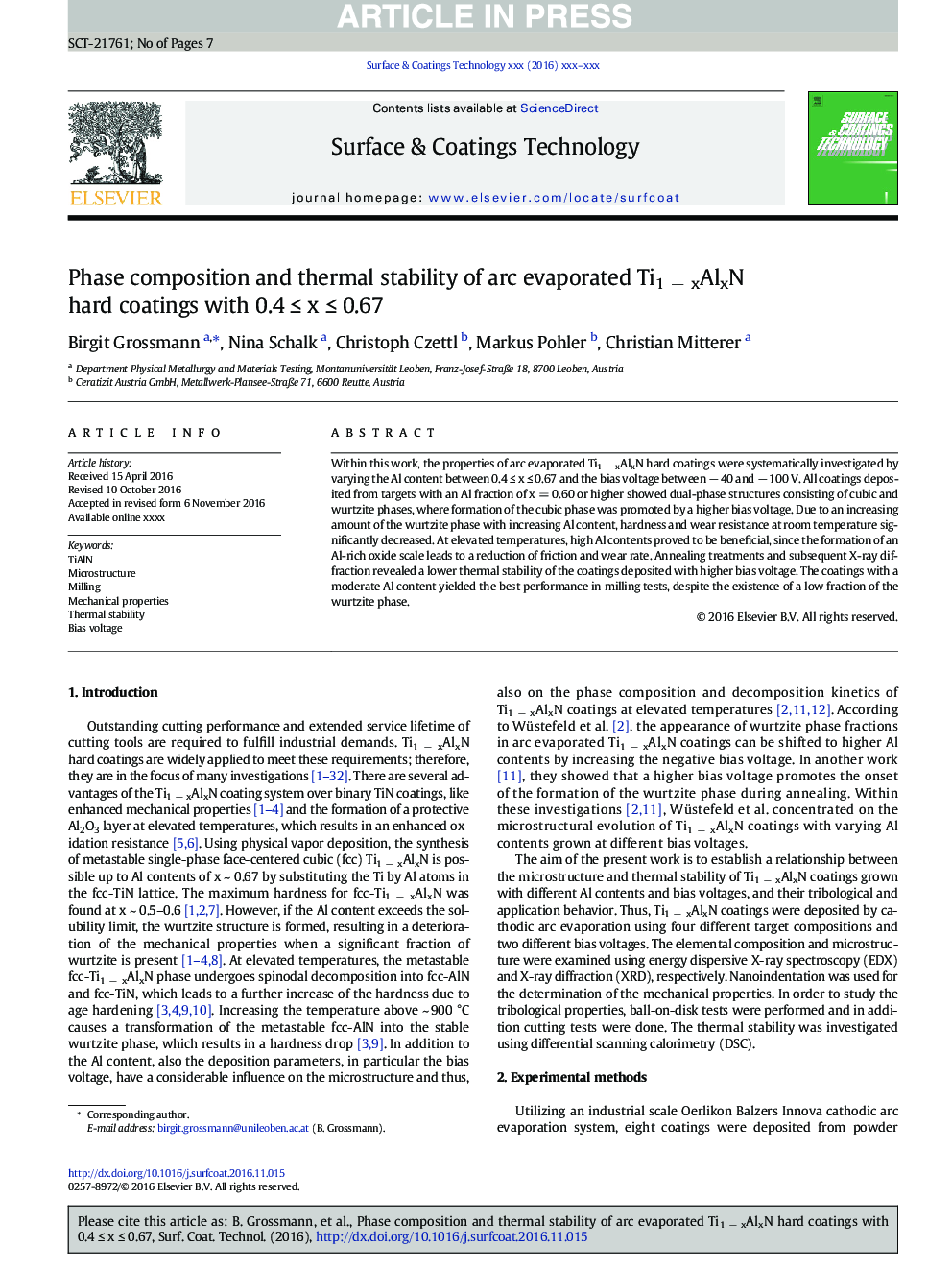 Phase composition and thermal stability of arc evaporated Ti1Â âÂ xAlxN hard coatings with 0.4Â â¤Â xÂ â¤Â 0.67