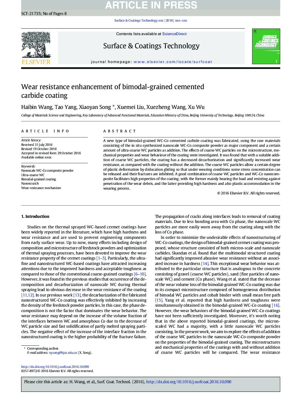 Wear resistance enhancement of bimodal-grained cemented carbide coating