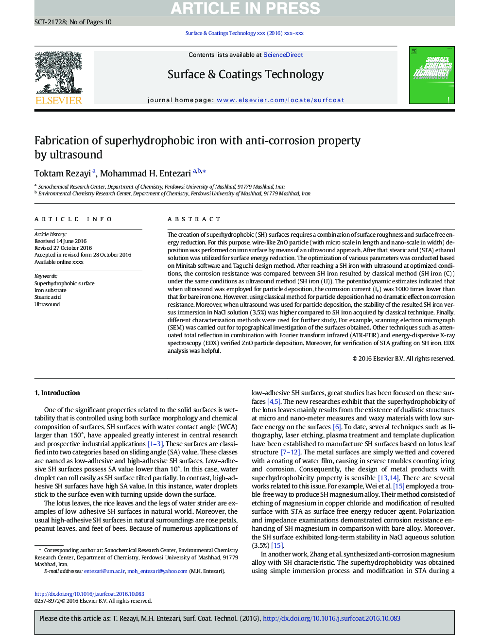 Fabrication of superhydrophobic iron with anti-corrosion property by ultrasound