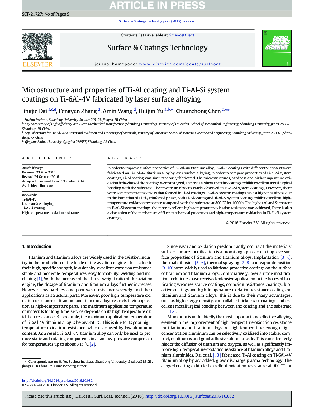 Microstructure and properties of Ti-Al coating and Ti-Al-Si system coatings on Ti-6Al-4V fabricated by laser surface alloying
