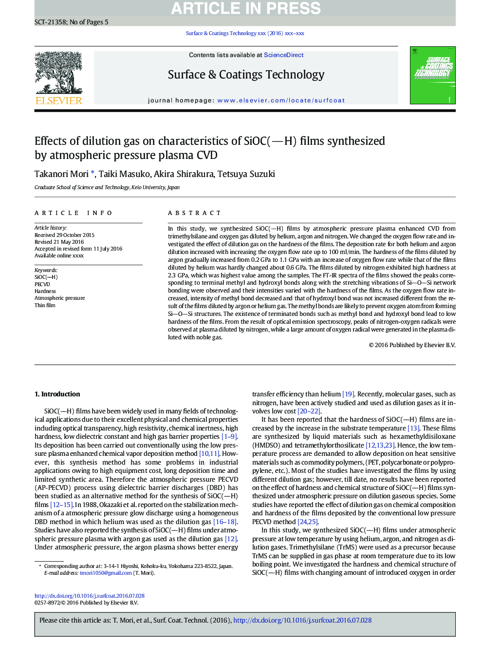 عکس صفحه اول مقاله: Effects of dilution gas on characteristics of SiOC(H) films synthesized by atmospheric pressure plasma CVD Effects of dilution gas on characteristics of SiOC(H) films synthesized by atmospheric pressure plasma CVD