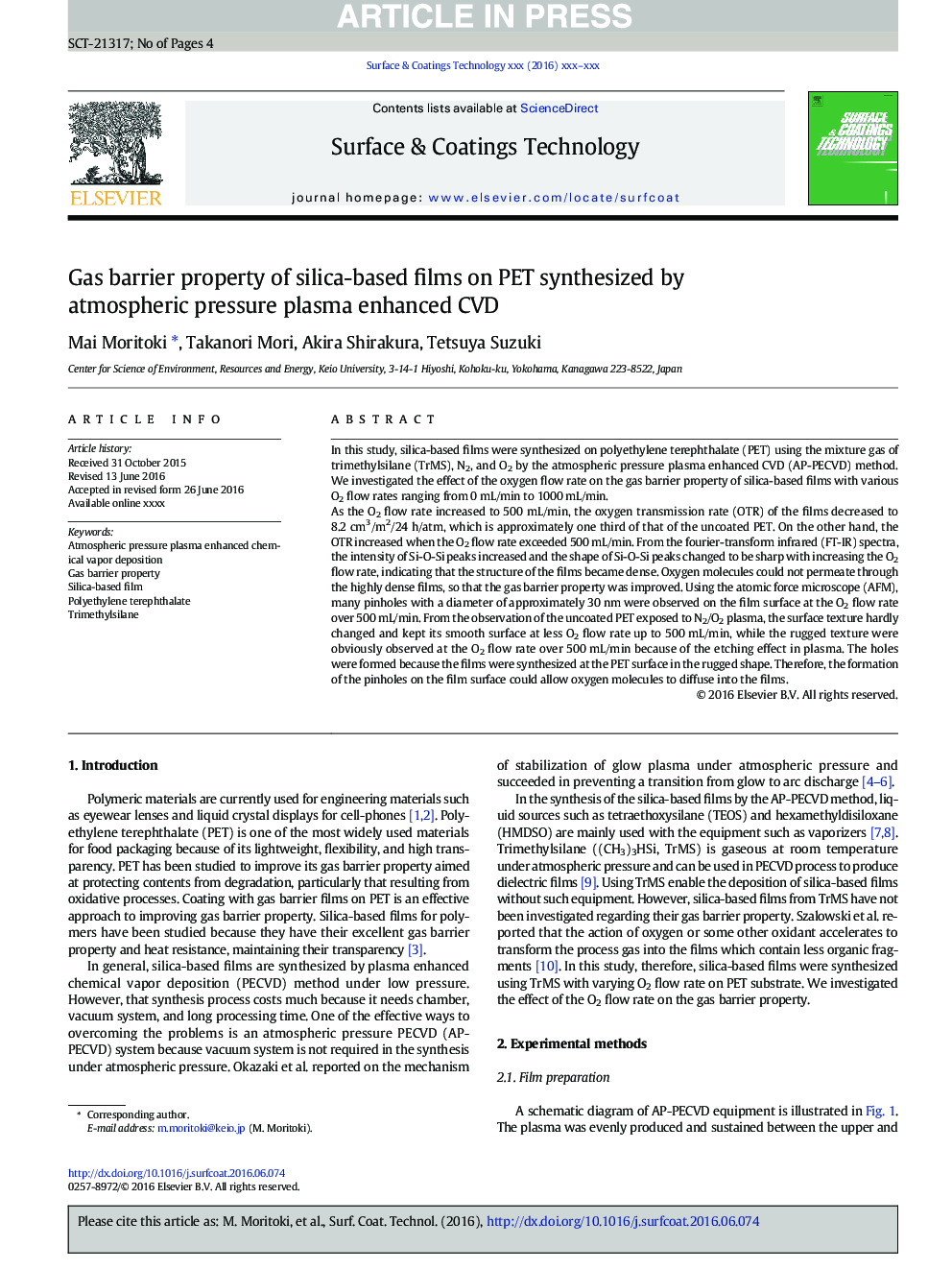 Gas barrier property of silica-based films on PET synthesized by atmospheric pressure plasma enhanced CVD