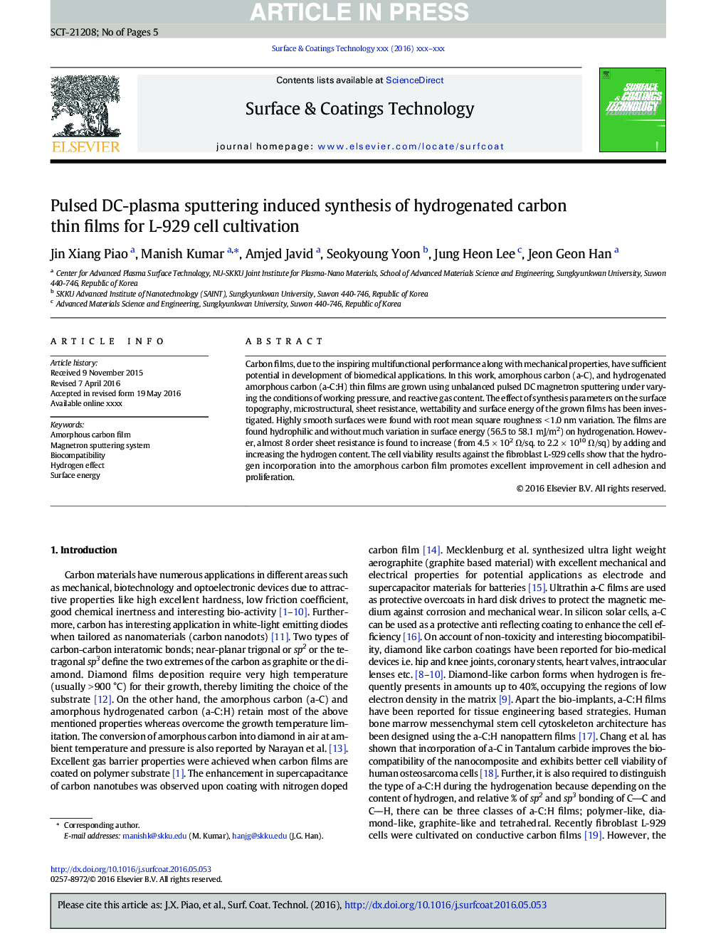 Pulsed DC-plasma sputtering induced synthesis of hydrogenated carbon thin films for L-929 cell cultivation