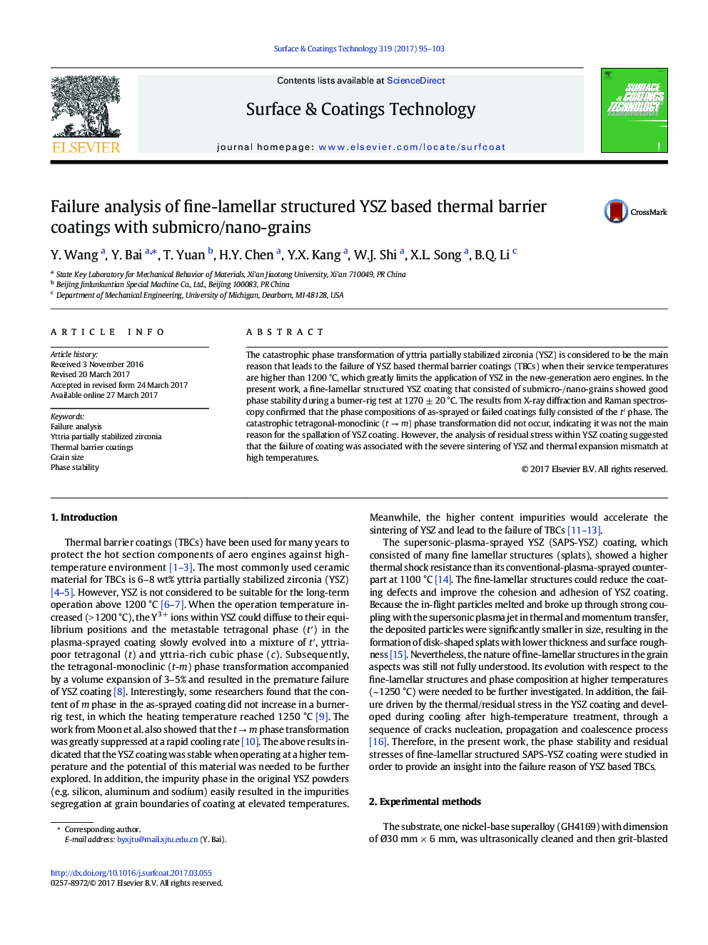 Failure analysis of fine-lamellar structured YSZ based thermal barrier coatings with submicro/nano-grains